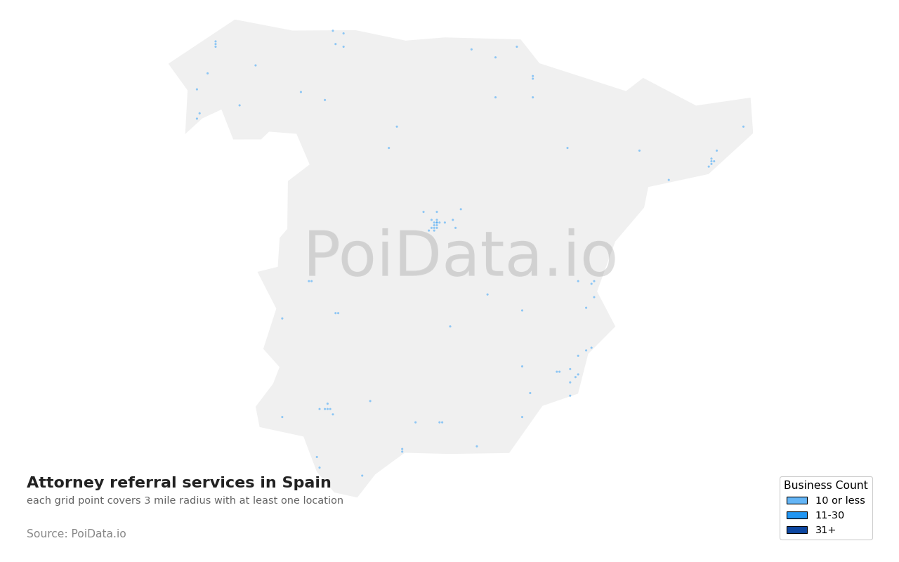 Attorney referral service density map for Spain