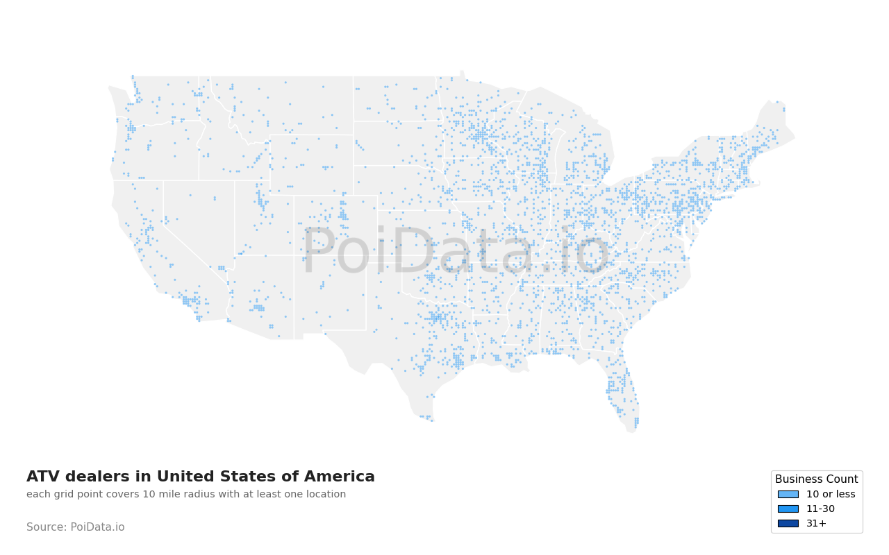 ATV dealer density map for Tennessee, United States
