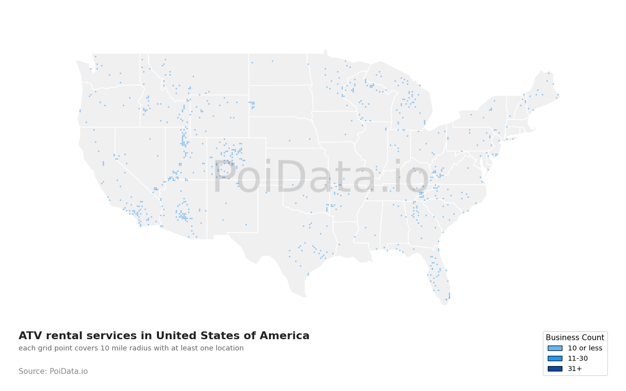 ATV rental service density map for Tennessee, United States