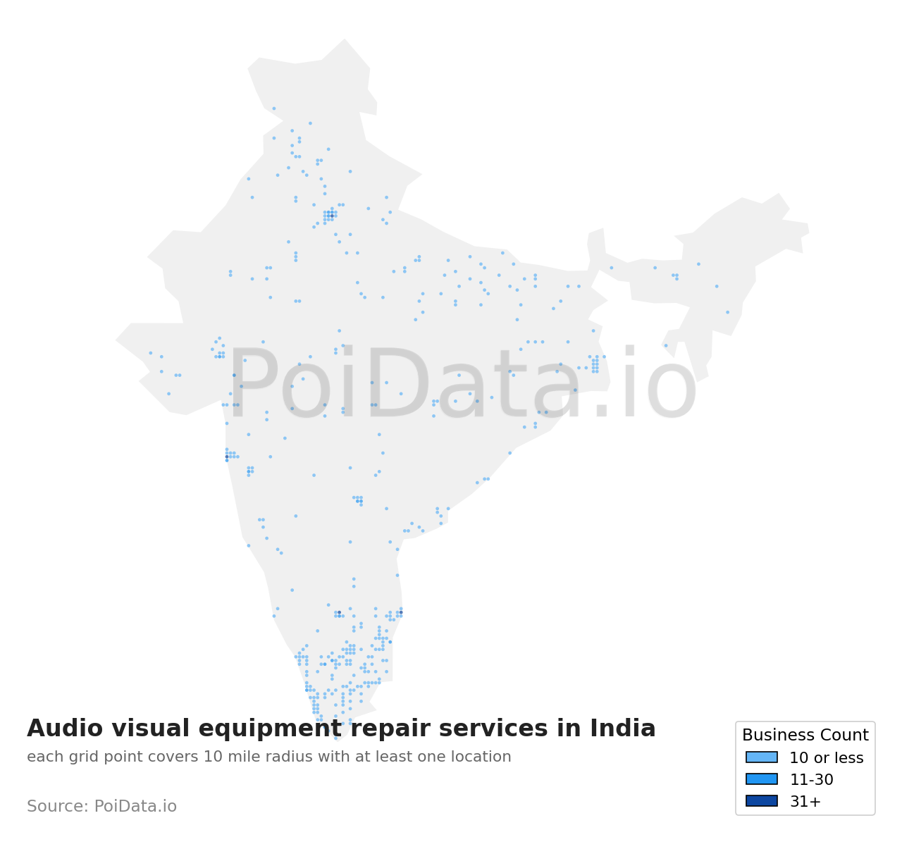 Audio visual equipment repair service density map for India