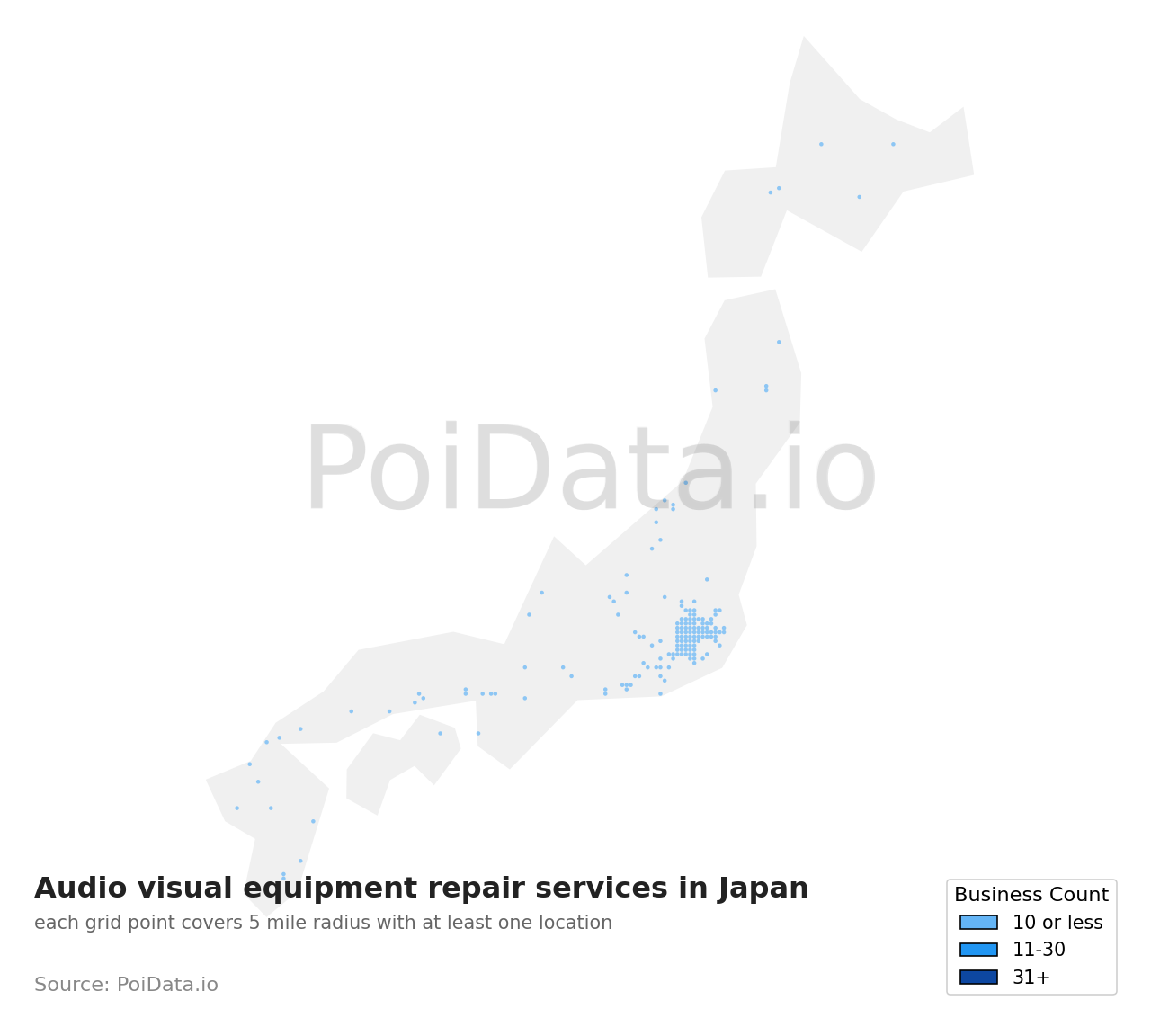 Audio visual equipment repair service density map for Japan