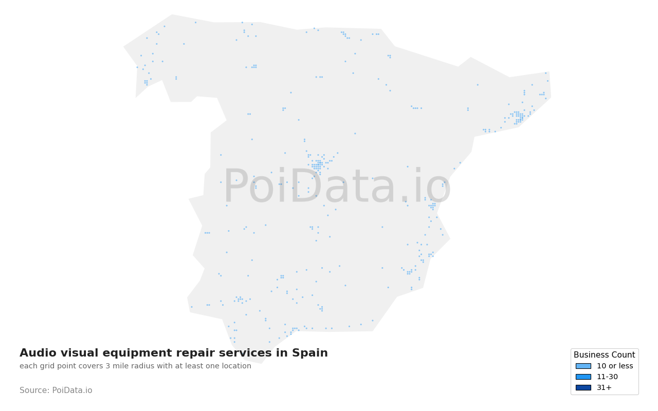 Audio visual equipment repair service density map for Spain