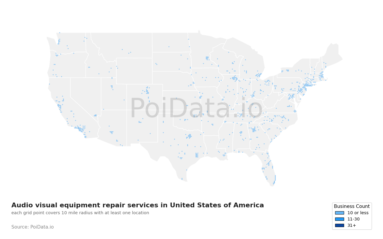 Audio visual equipment repair service density map for Texas, United States