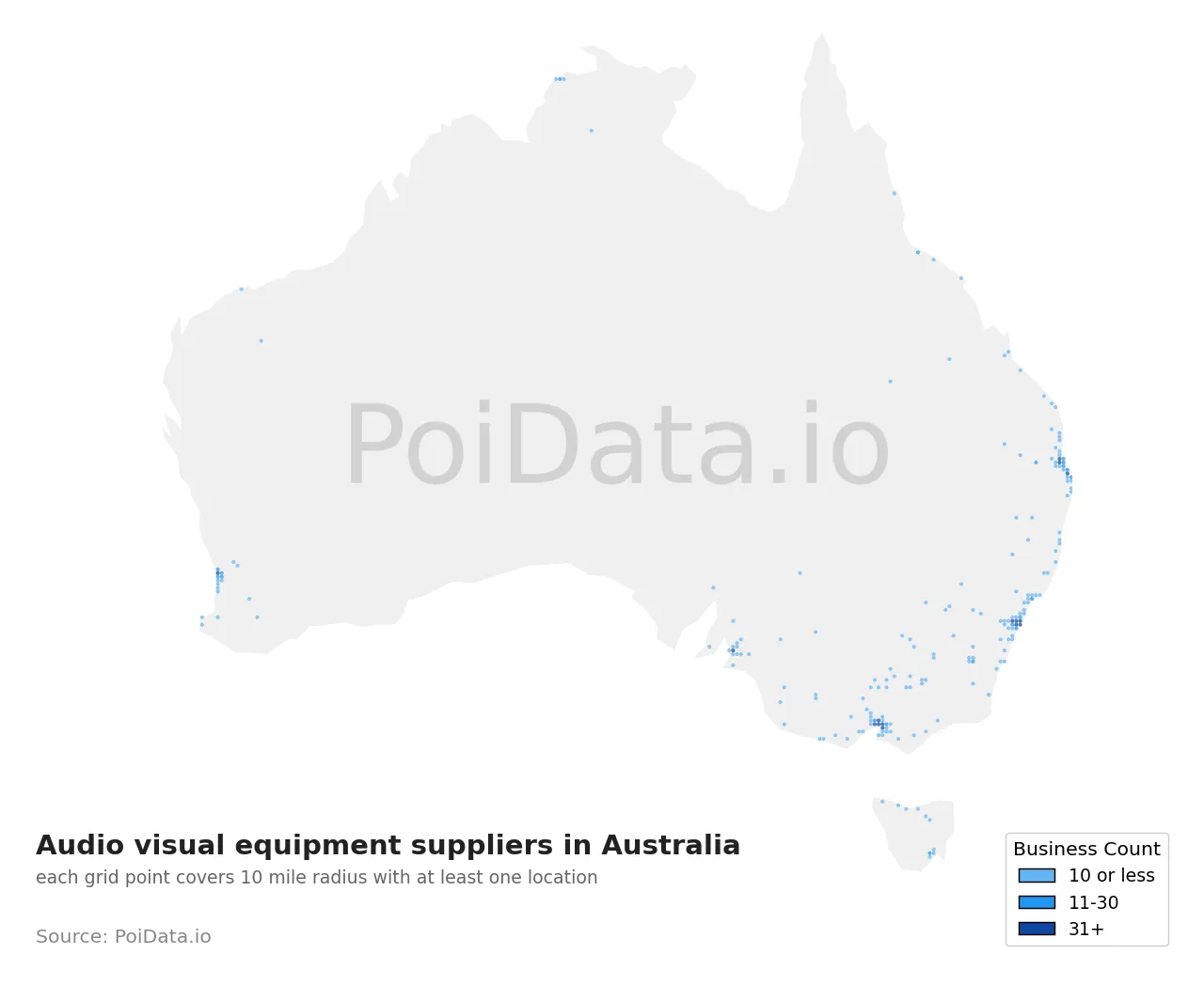 Audio visual equipment supplier density map for Australia