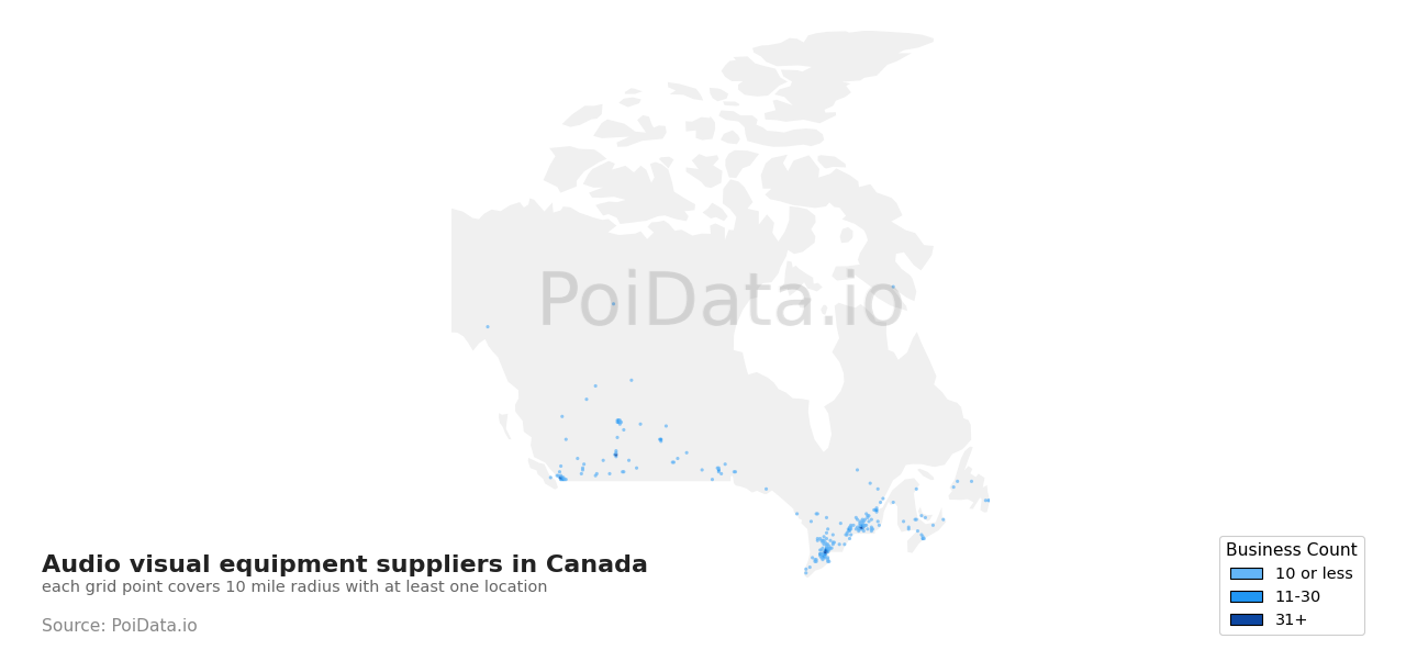 Audio visual equipment supplier density map for Canada