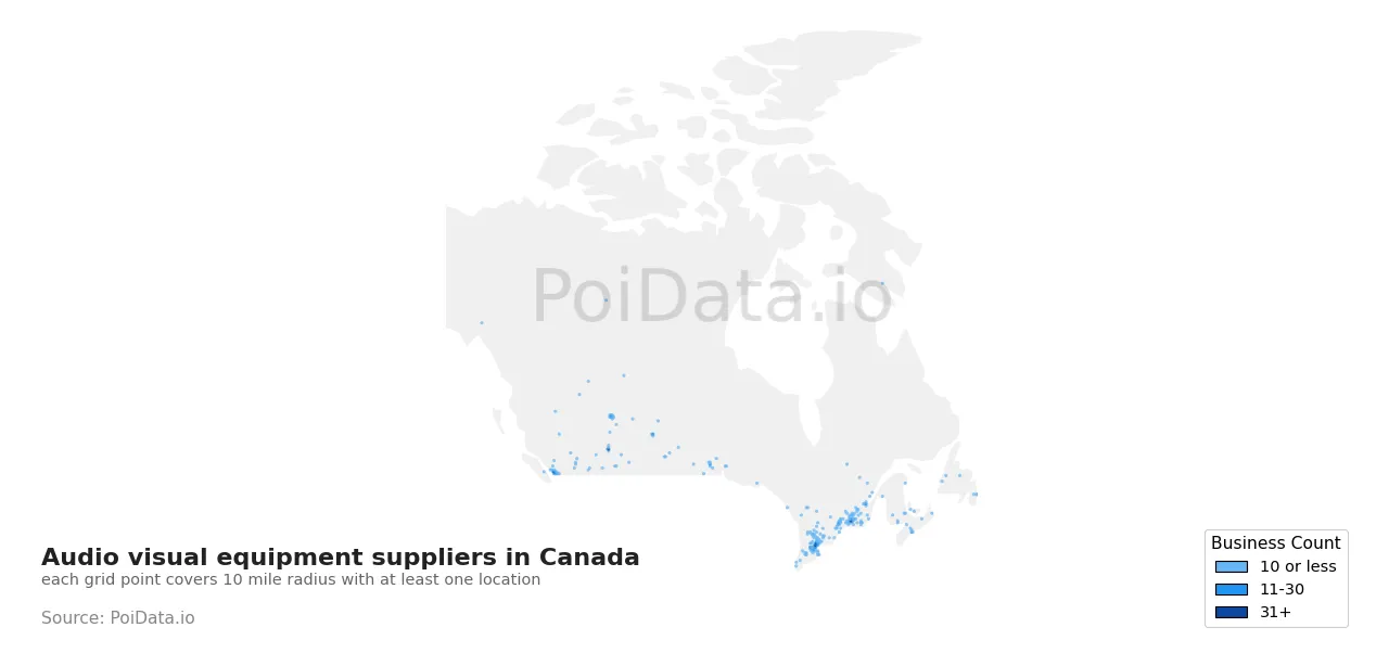 Audio visual equipment supplier density map for Canada
