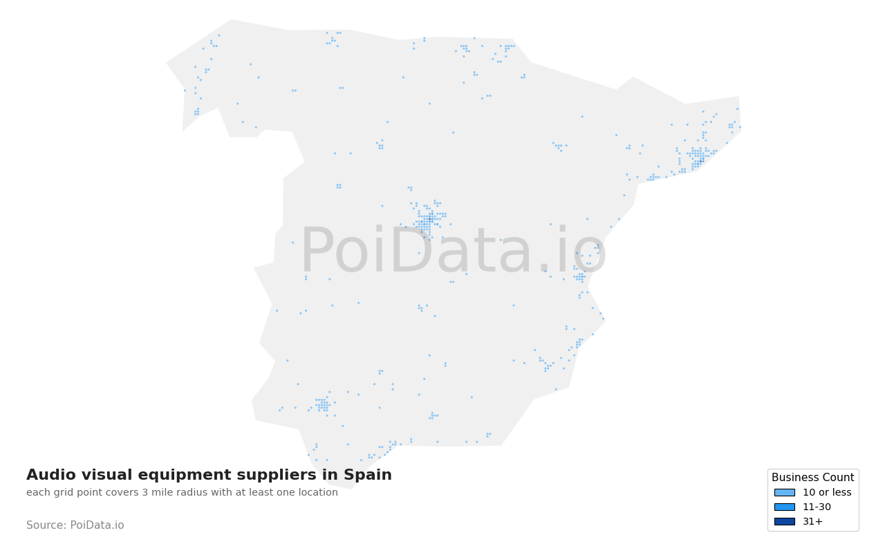 Audio visual equipment supplier density map for Spain