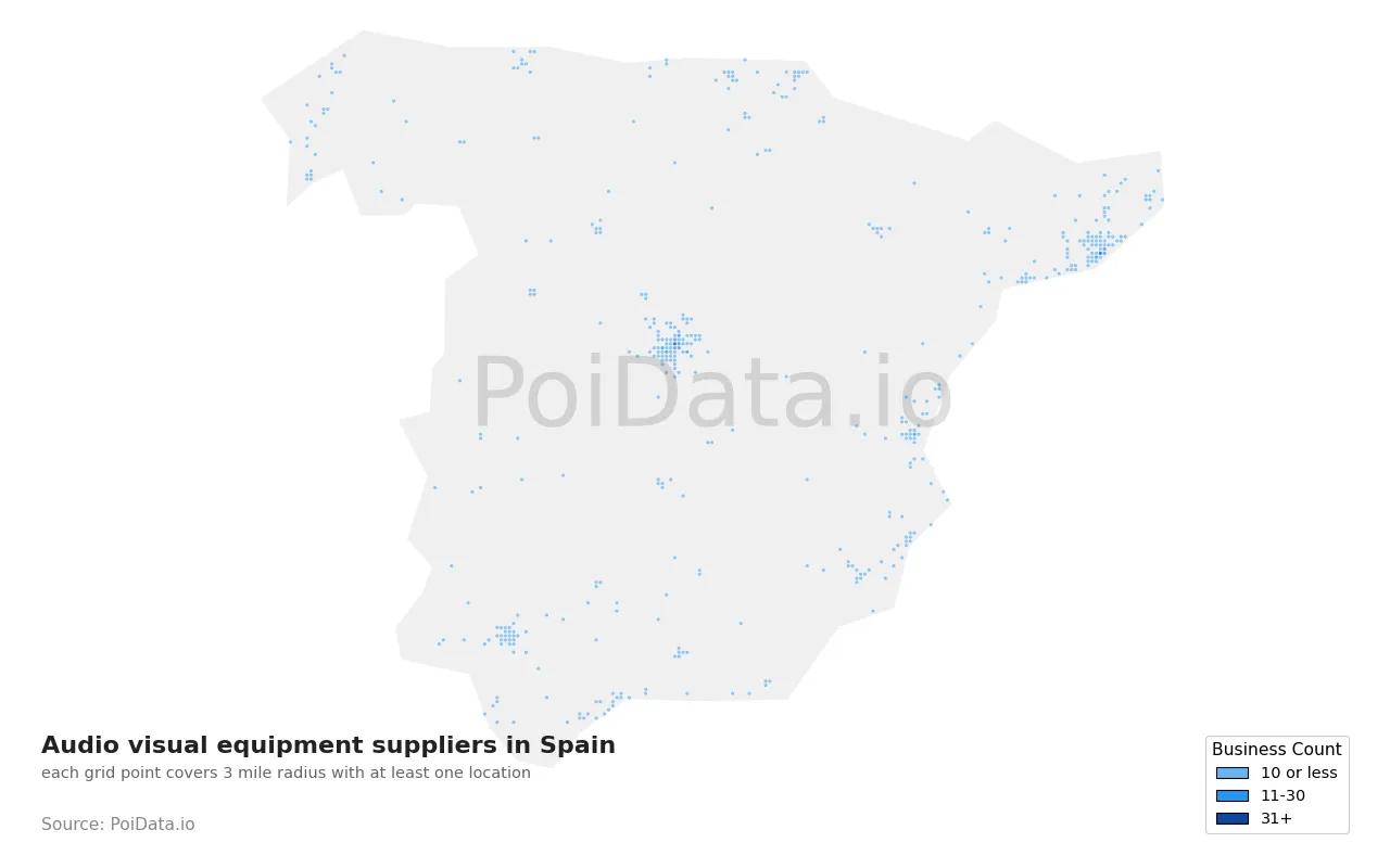 Audio visual equipment supplier density map for Spain