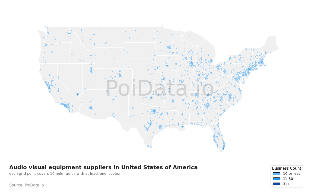 Audio visual equipment supplier density map for United States