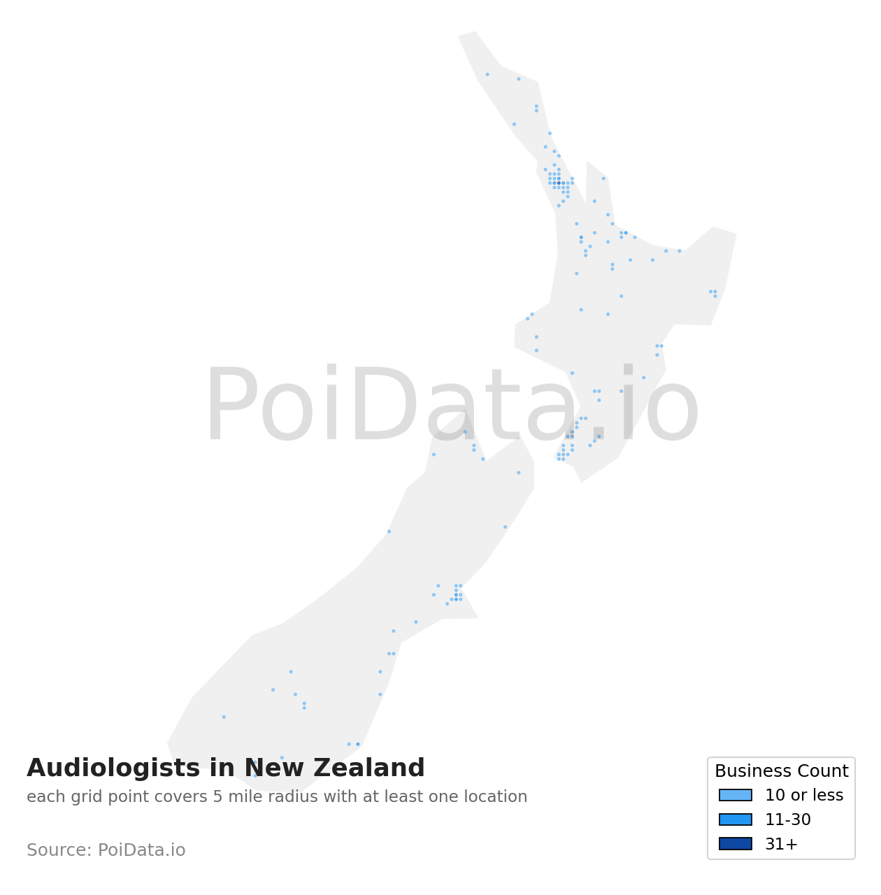 Audiologist density map for New Zealand