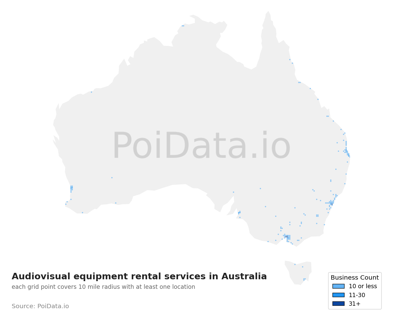 Audiovisual equipment rental service density map for Victoria, Australia