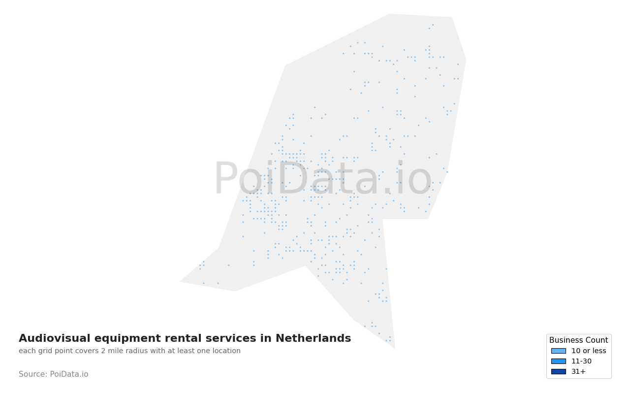 Audiovisual equipment rental service density map for Netherlands