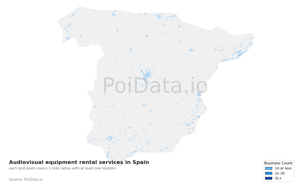 Audiovisual equipment rental service density map for Spain