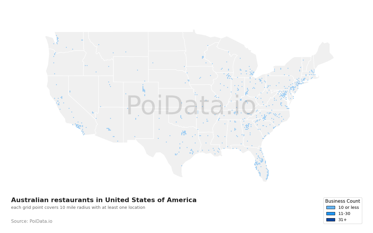 Australian restaurant density map for United States