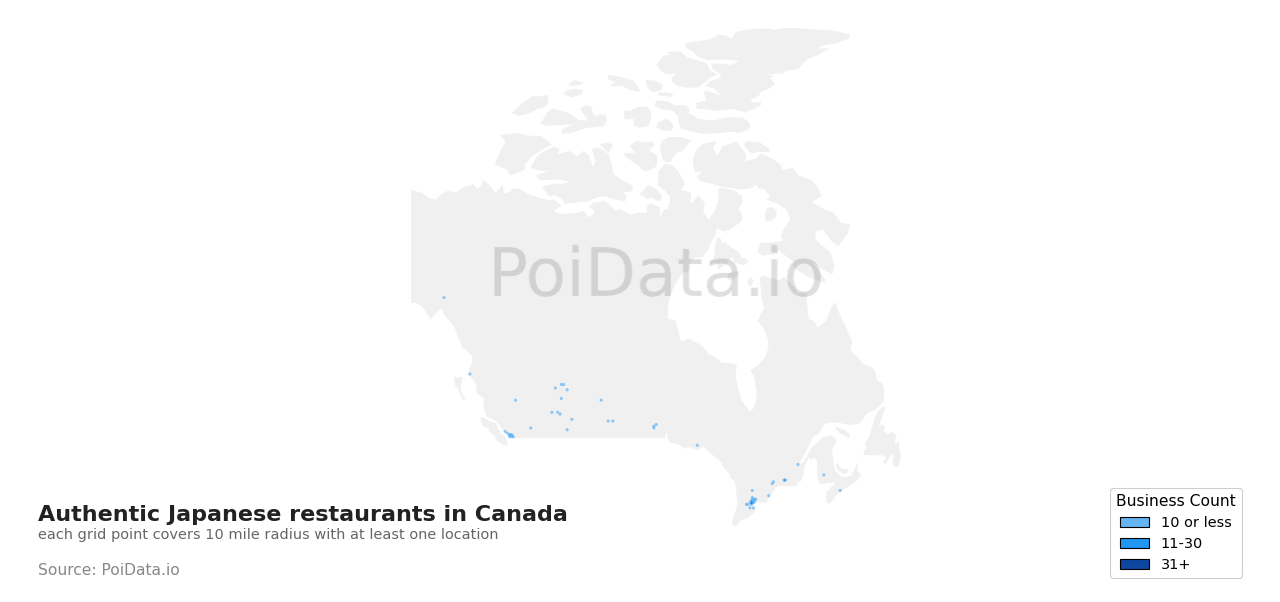 Authentic Japanese restaurant density map for Canada