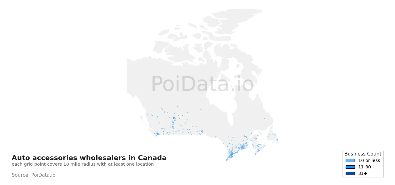 Auto accessories wholesaler density map for Canada