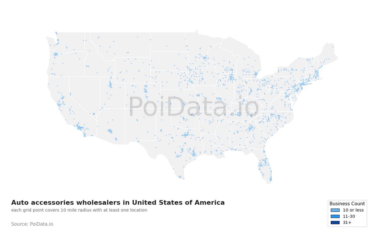 Auto accessories wholesaler density map for Arizona, United States