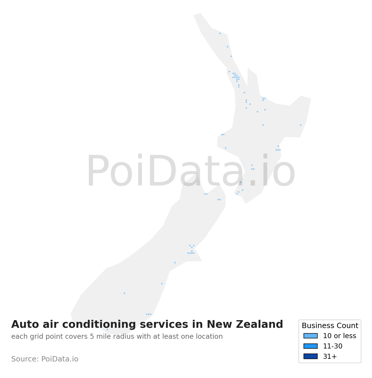 Auto air conditioning service density map for New Zealand