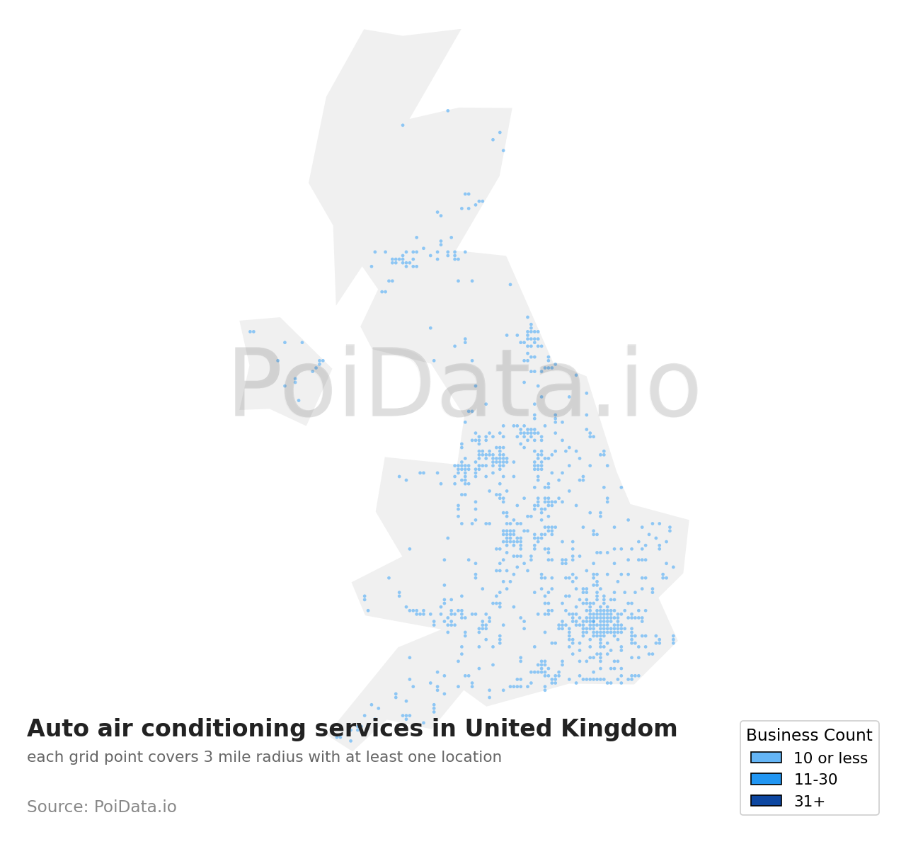 Auto air conditioning service density map for United Kingdom