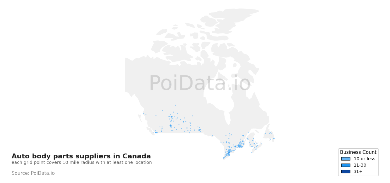 Auto body parts supplier density map for Canada