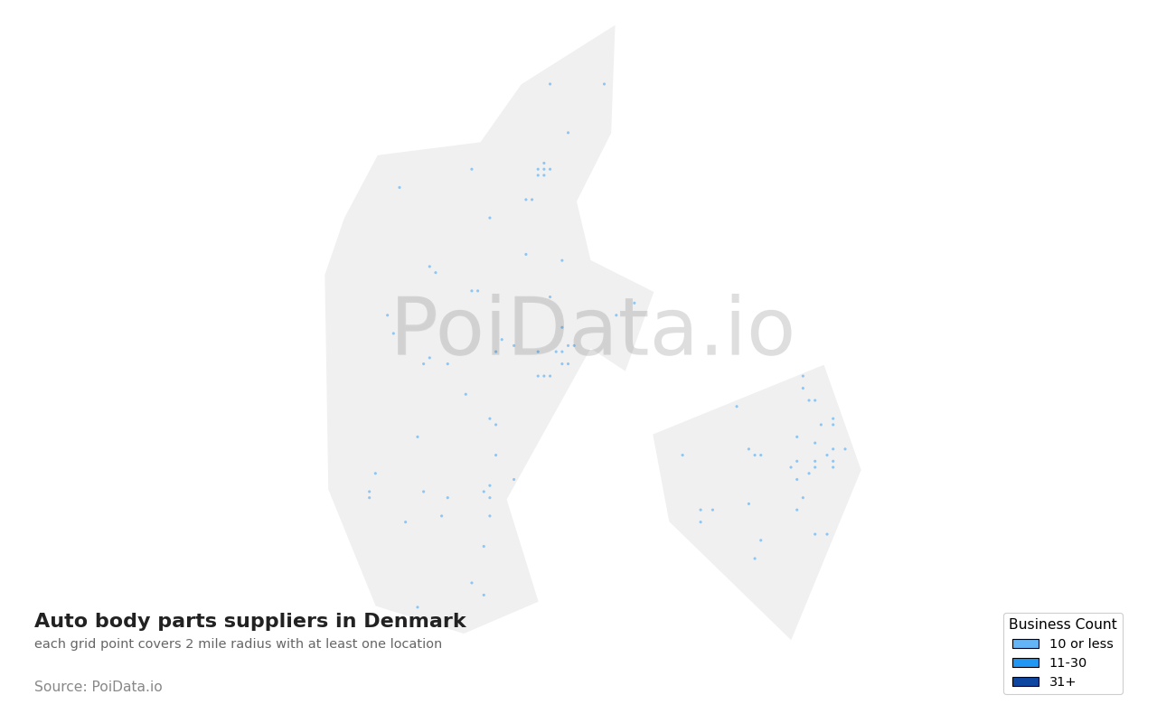 Auto body parts supplier density map for Denmark