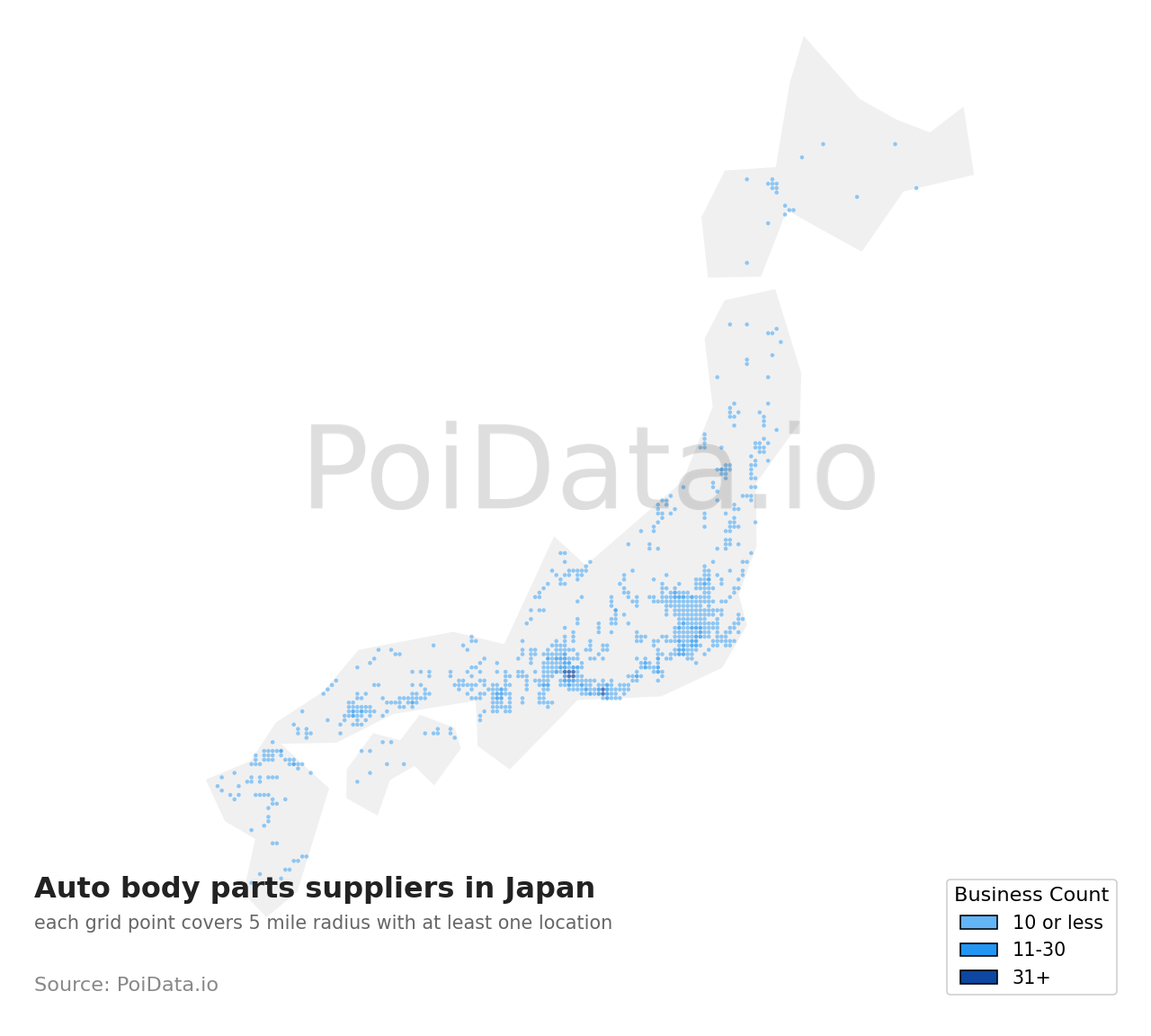 Auto body parts supplier density map for Japan