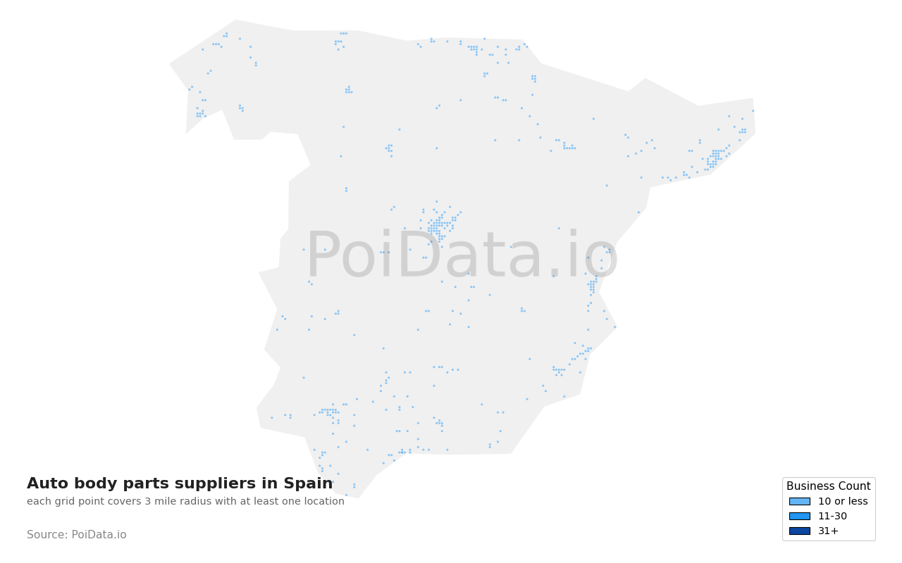 Auto body parts supplier density map for Spain