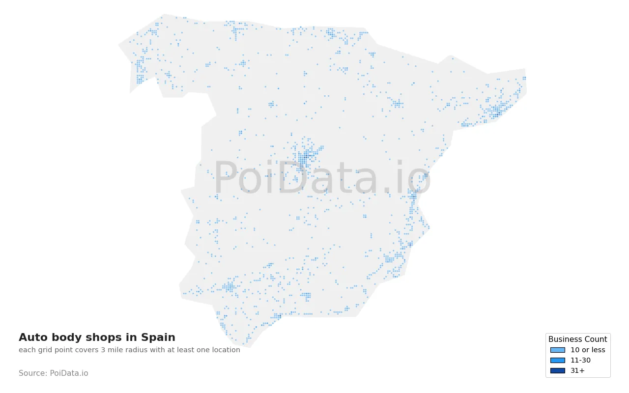 Auto body shop density map for Spain