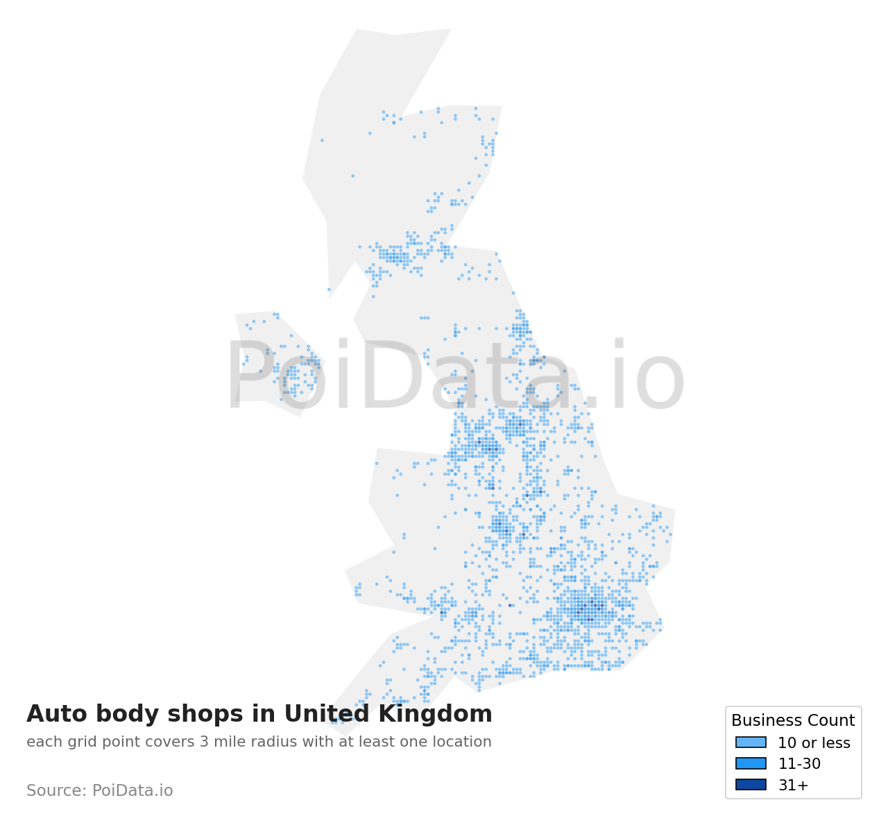 Auto body shop density map for United Kingdom