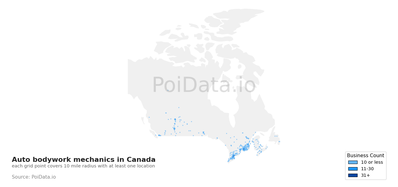 Auto bodywork mechanic density map for Canada