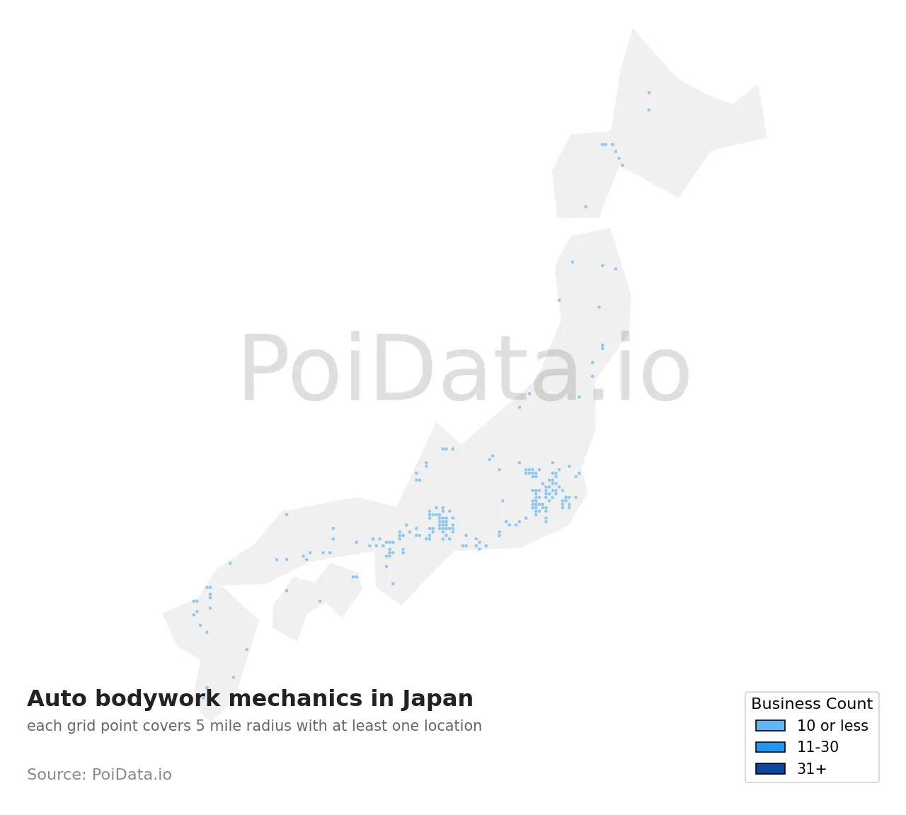 Auto bodywork mechanic density map for Japan