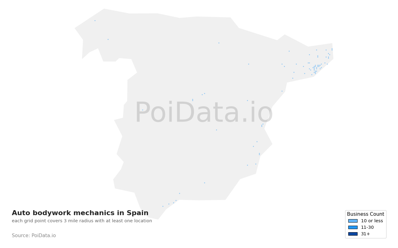 Auto bodywork mechanic density map for Spain