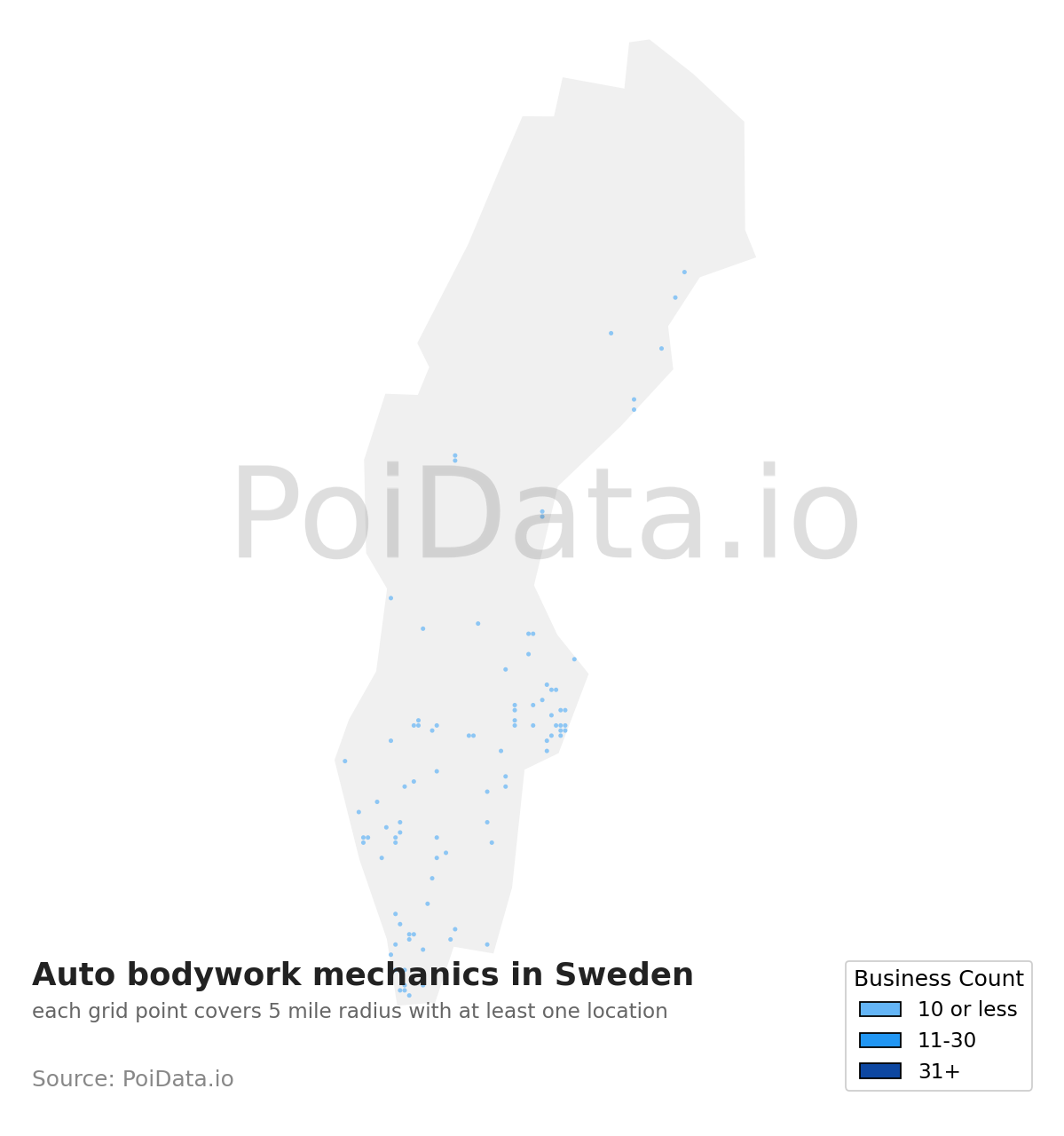 Auto bodywork mechanic density map for Sweden