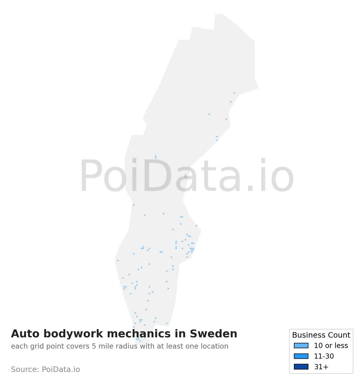 Auto bodywork mechanic density map for Sweden