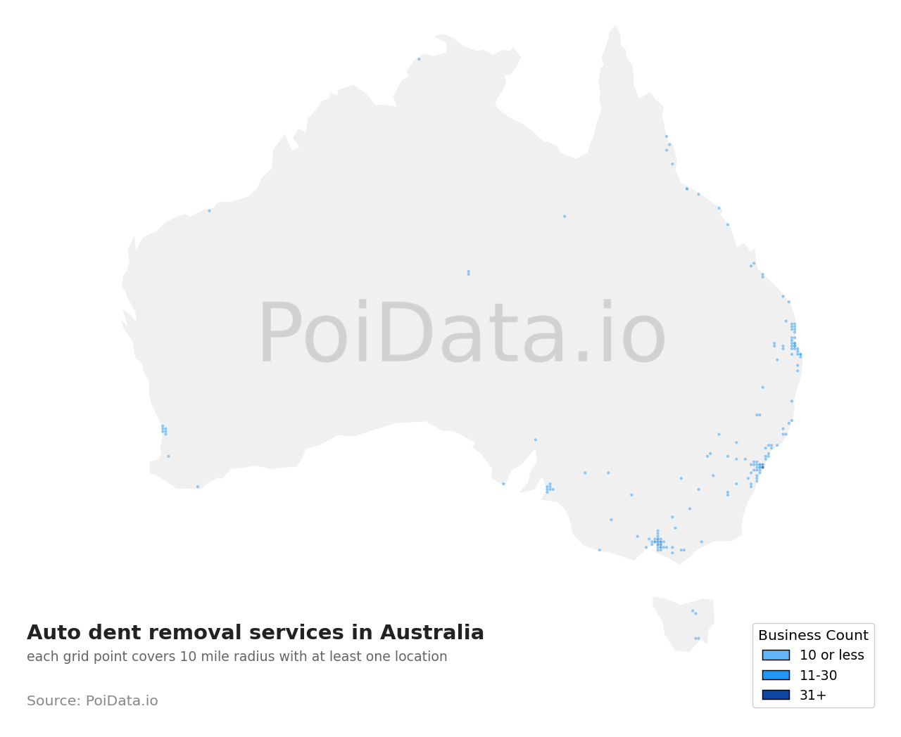Auto dent removal service density map for Australia