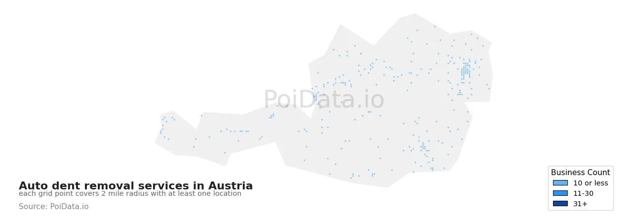 Auto dent removal service density map for Austria