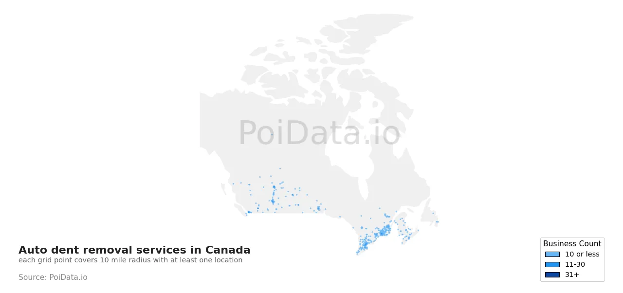 Auto dent removal service density map for Canada