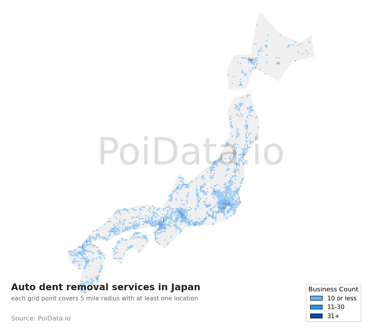 Auto dent removal service density map for Japan