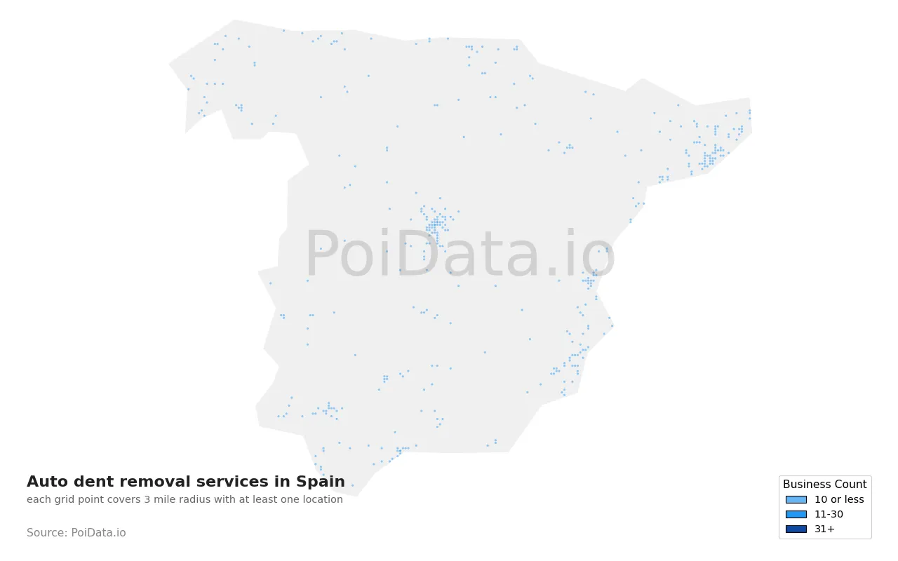 Auto dent removal service density map for Spain