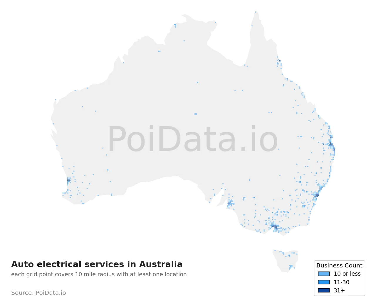 Auto electrical service density map for Australia