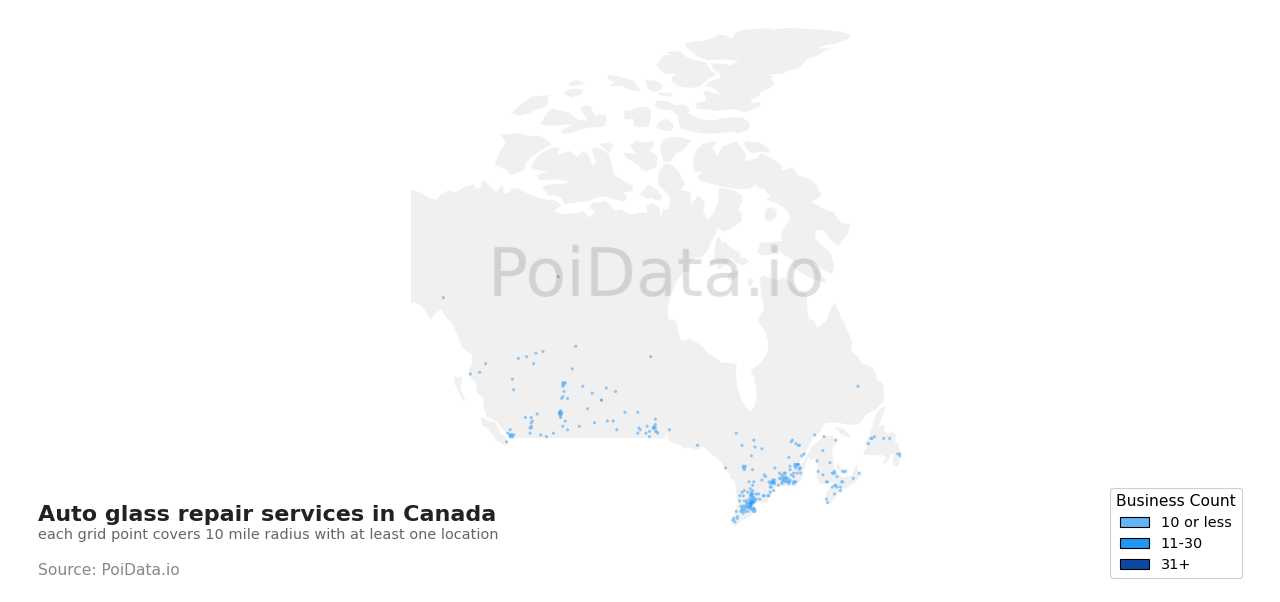 Auto glass repair service density map for Saskatchewan, Canada