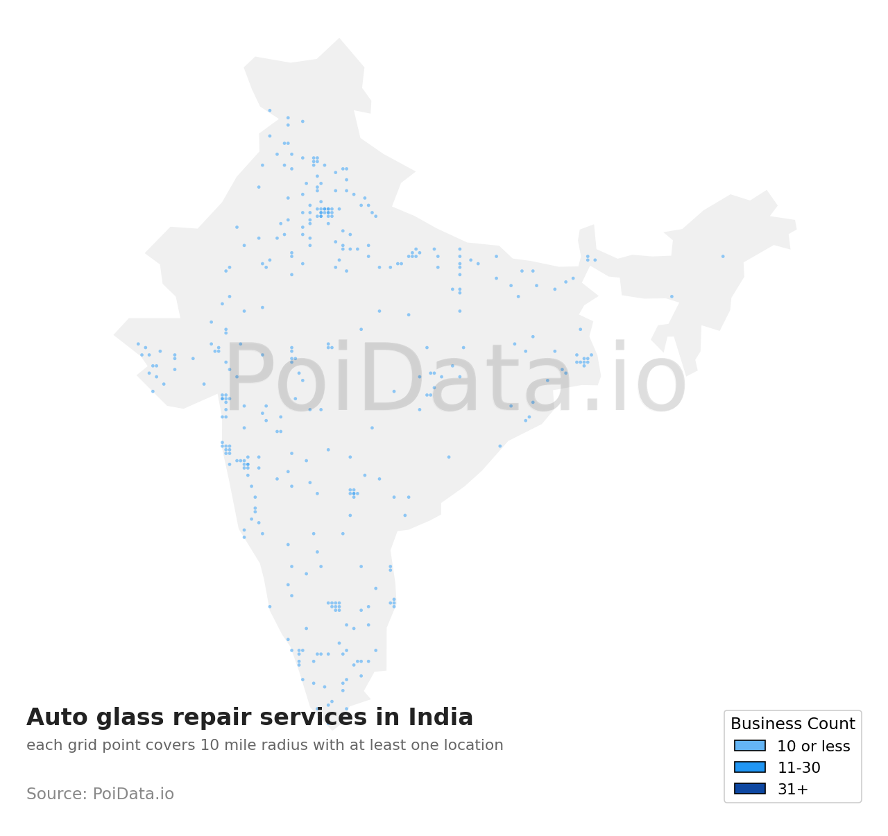 Auto glass repair service density map for India