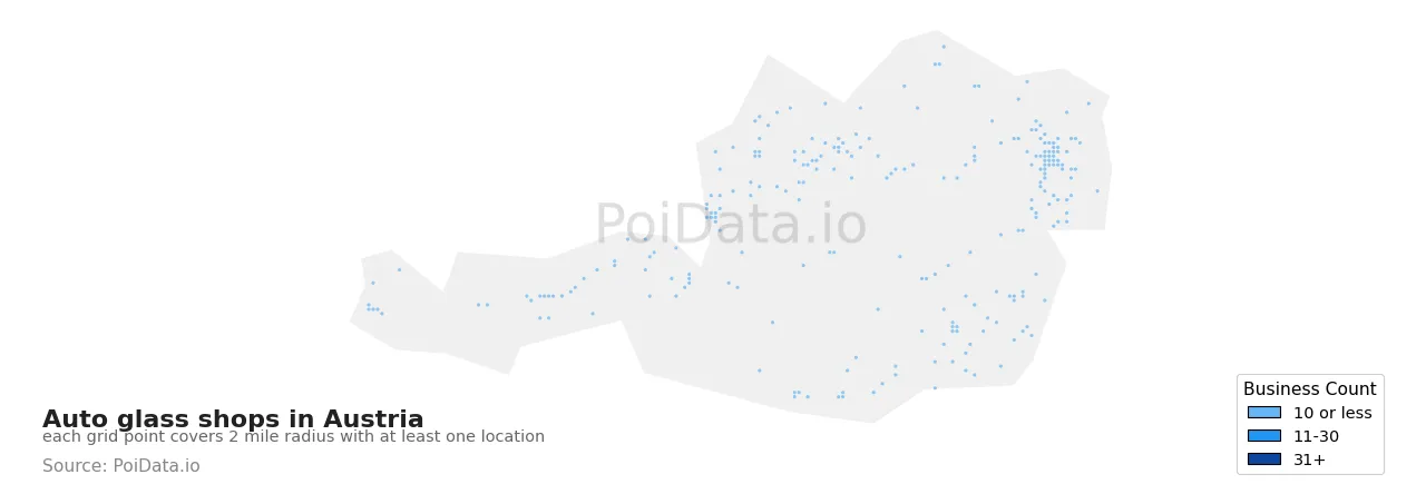 Auto glass shop density map for Austria
