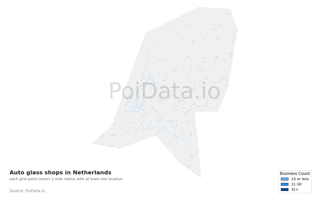 Auto glass shop density map for Netherlands