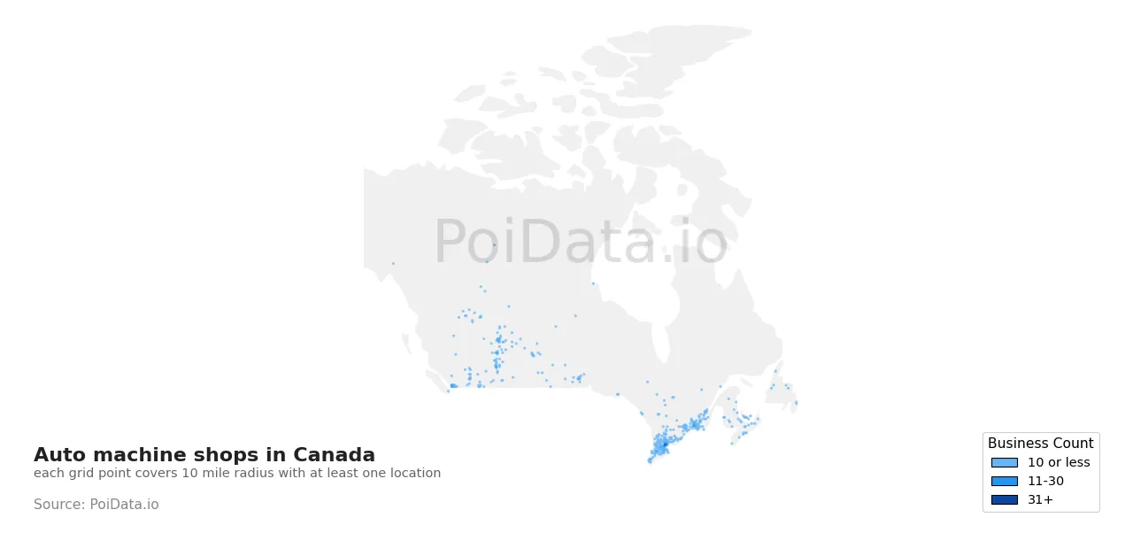 Auto machine shop density map for Canada