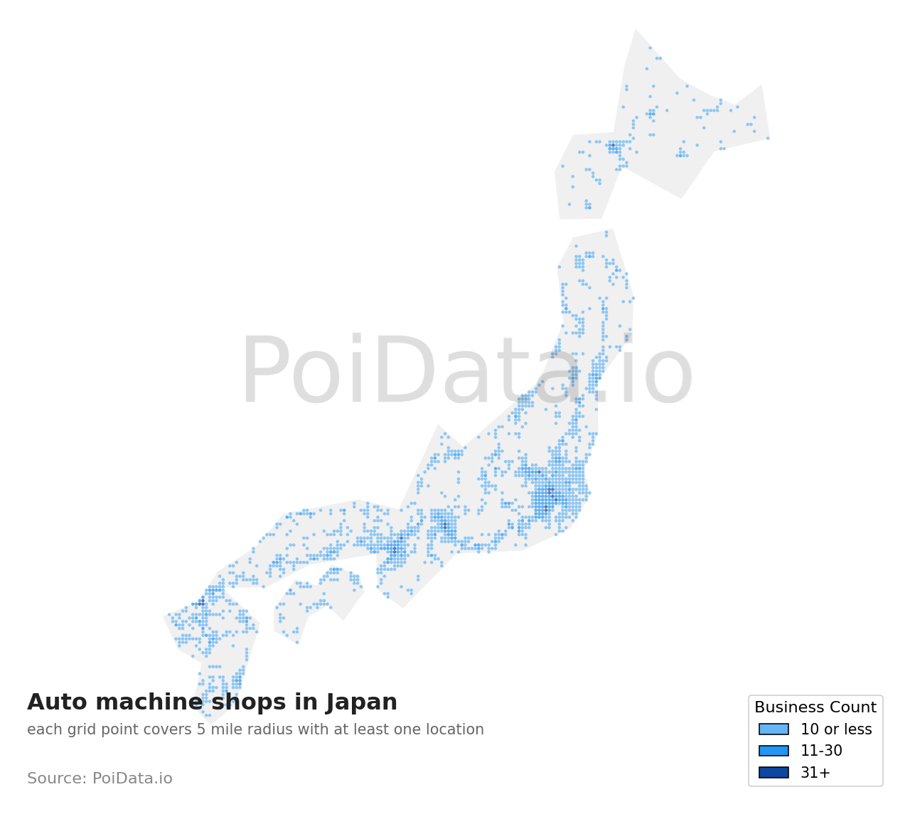 Auto machine shop density map for Japan