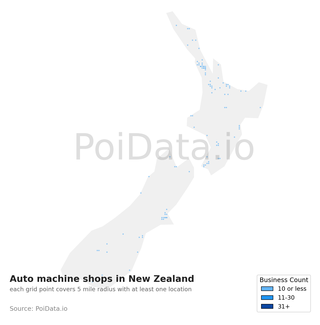 Auto machine shop density map for New Zealand