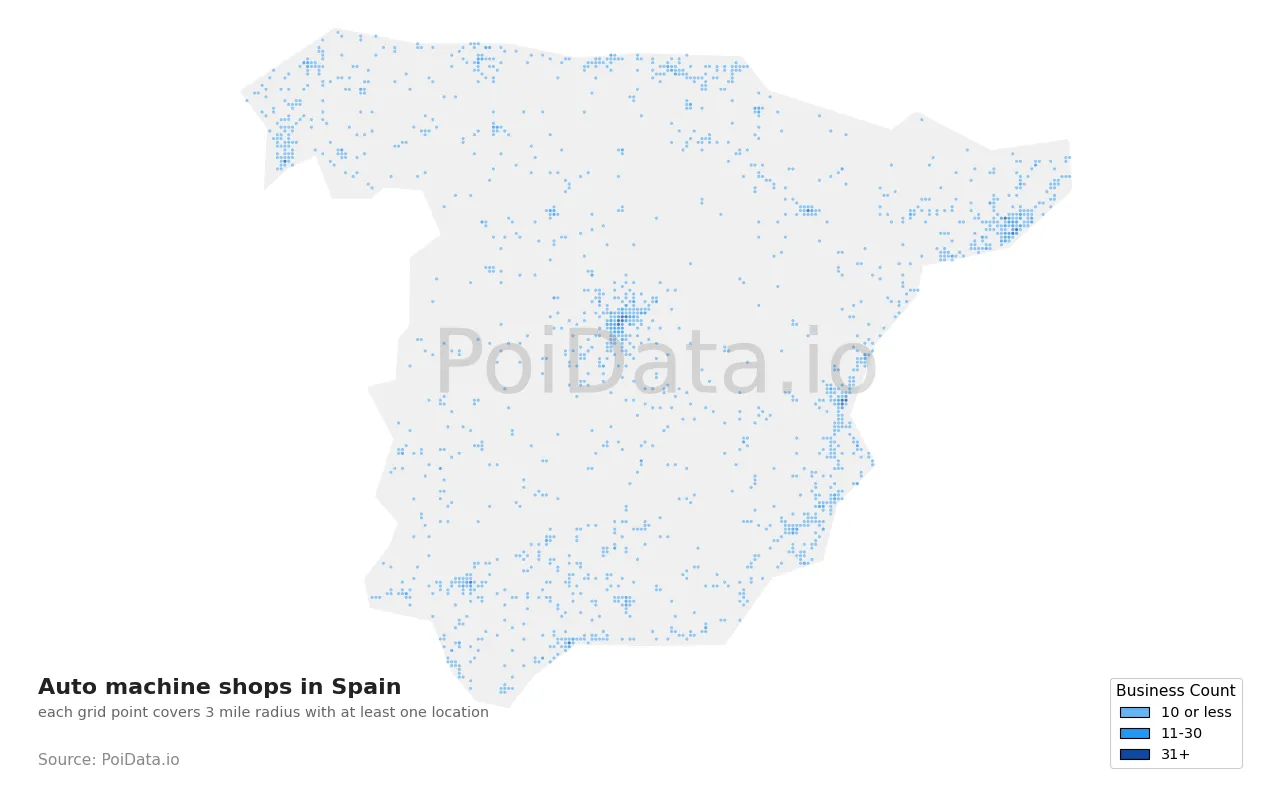 Auto machine shop density map for Spain
