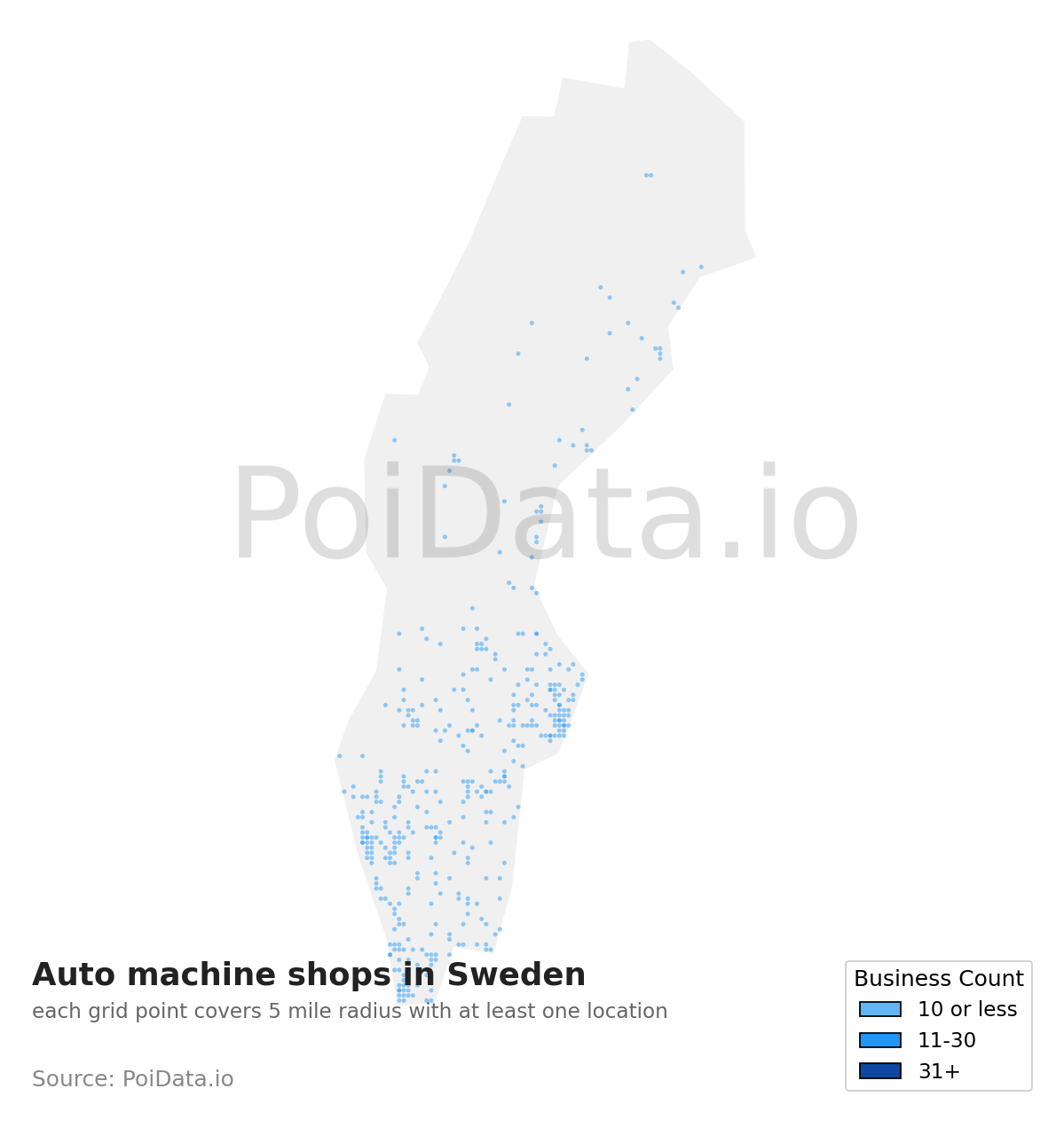 Auto machine shop density map for Sweden