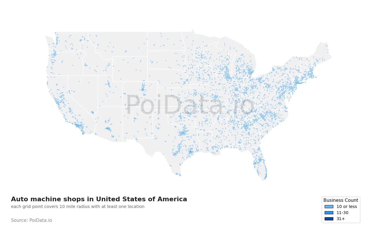 Auto machine shop density map for United States